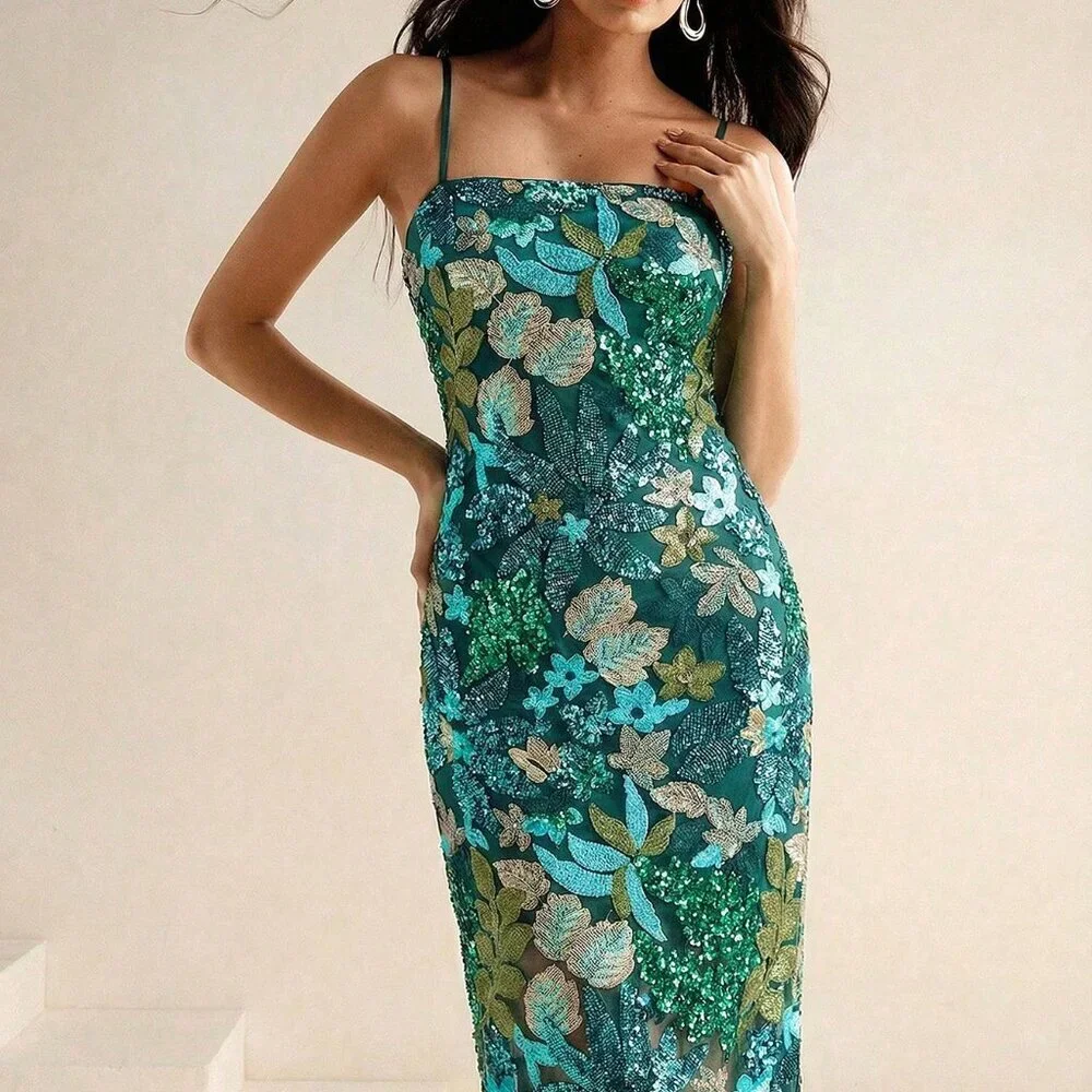 Green Boho Women's Elegant Colorful Printed Beaded Maxi Strapless Dress - Picture 5 of 8